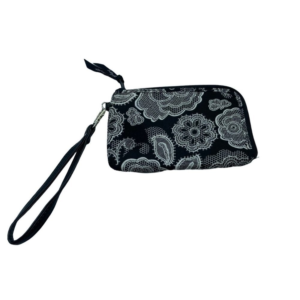 Thirty-One Black White Floral Wristlet Clutch 7.5"‎ x 5" Fabric Black White